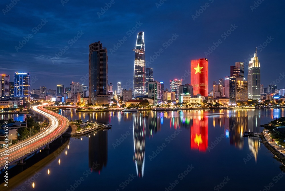 Obraz premium Ho Chi Minh City Vietnam nighttime skyline with Bitexco Financial Tower, illuminated skyscrapers, Saigon River reflections, national flag light display, and vibrant urban scene generated ai
