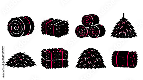 Fotografie Set of hay bale and haystack silhouettes in vector style