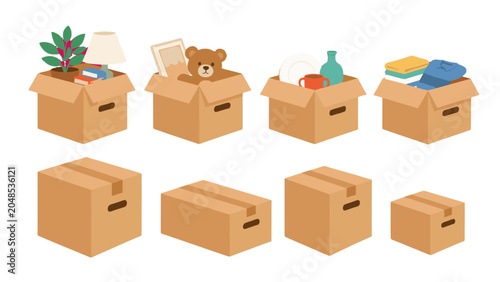 Obraz na plátne Set of cardboard moving boxes with household items and closed boxes