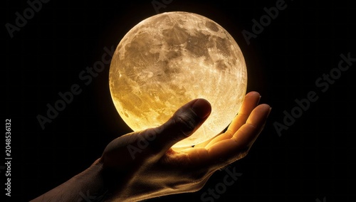 Close up of human hand holding bright golden full moon against deep black background dramatic lighting surreal composition celestial object glowing sphere in palm artistic night symbolism calm zen
