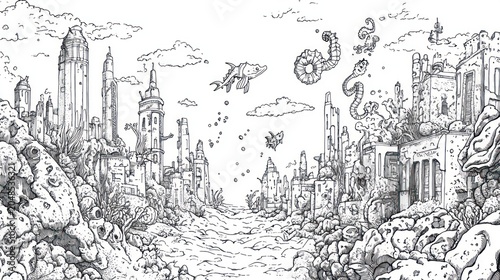 Detailed monochrome illustration of a sunken city with sea life and architectural ruins