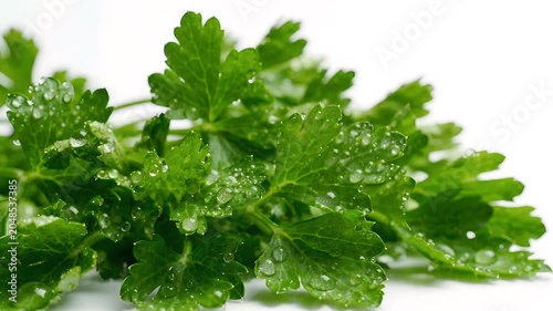 Fresh parsley leaves with water droplets on white background
