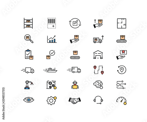 A collection of logistics and supply chain management icons in a flat, minimal design style