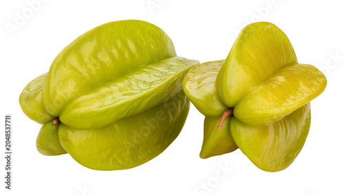 Canvastavla Isolated two vibrant fresh yellowish-green starfruit, exotic tropical carambola