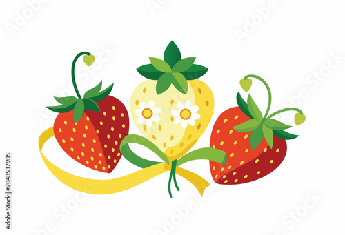 Fresh strawberries and banana with green leaves illustration