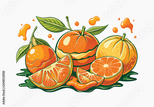 Fresh oranges and tangerines on a rustic wooden table with greenery