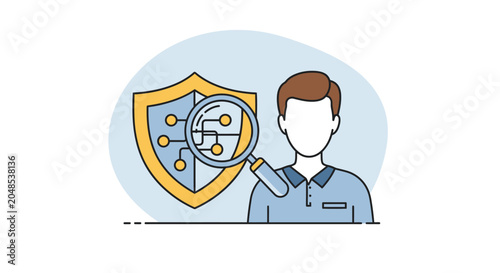 Fotografia Man Examines Shield with Magnifying Glass.