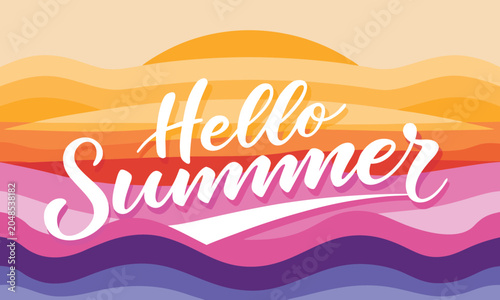 Colorful summer greeting card with sun and mountains