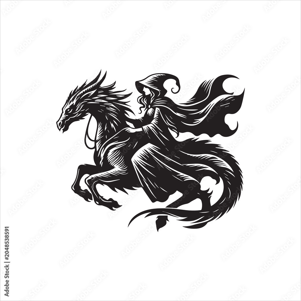 Fototapeta premium Black and white illustration of a witch riding a dragon against a clean white background with bold lines and dynamic composition.