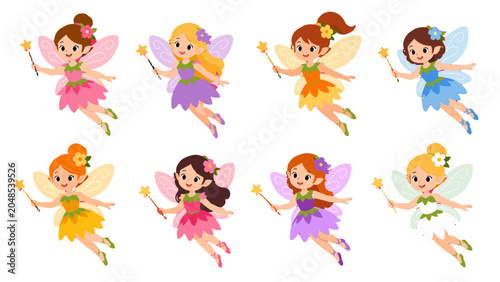 Tablou pe pânză Set of cute fairy girls with wings and magic wands