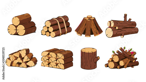 Photos Set of stacked firewood logs and timber bundles illustrations