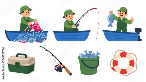 Cartoon fisherman and fishing equipment set on white background