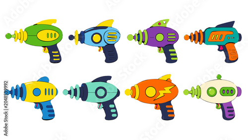 Schilderij op canvas Set of colorful retro ray gun blasters in cartoon vector style