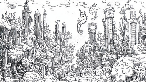 Ink drawing underwater cityscape blending architecture and coral reefs, with seahorses