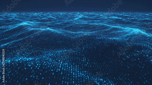 Glowing blue dot grid waves over a digital ocean surface