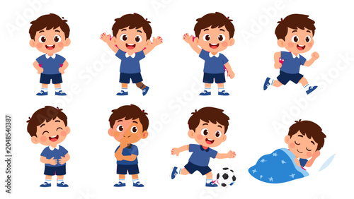 Bild auf Leinwand Cartoon schoolboy character set in different poses and actions