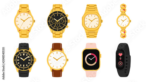 Fotografi Collection of gold wristwatches smart watch and fitness band