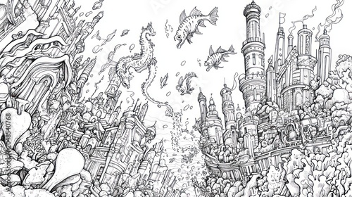 Intricate black and white sketch of a whimsical city with sea creatures flying above