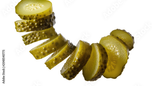 Fotografie Isolated green dill pickle slices arranged in a curved line, showing texture and