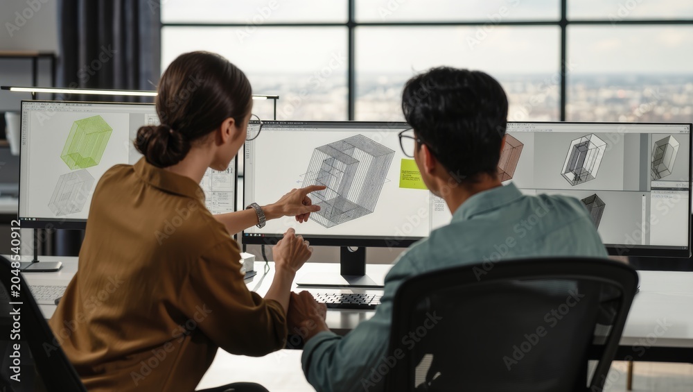Obraz premium Two designers collaborating on detailed 3D CAD wireframe model analysis