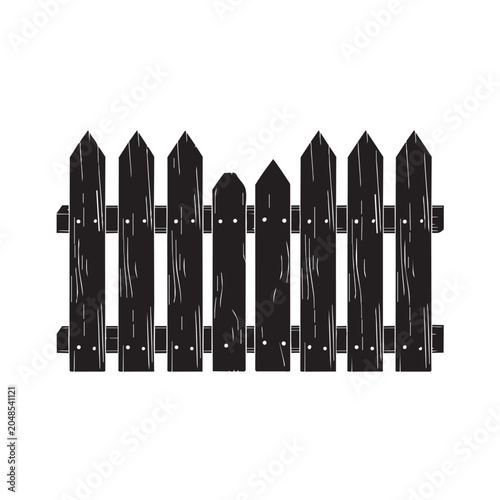 A black silhouette of a wooden picket fence isolated on a white background for design projects