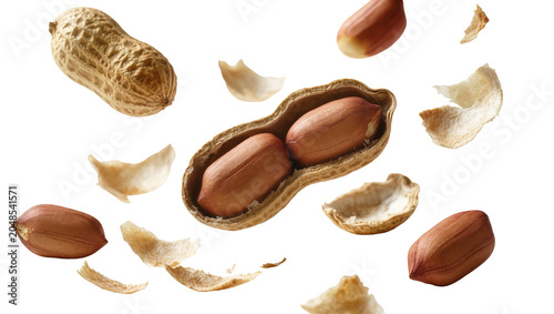 Konstfotografi Isolated whole and cracked peanuts with edible kernels and textured shell fragme