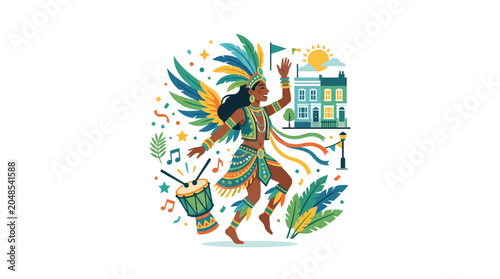 Photography Colorful Brazilian Carnival Dancer with Traditional Costume and Drum