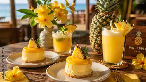 Tropical Pineapple Desserts and Refreshing Drinks on Wooden Table in Beachside Cafe