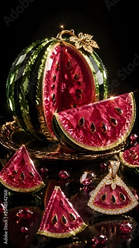 Luxury Jeweled Watermelon Sculpture with Pink Gemstones and Gold Details