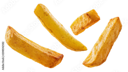 Isolated crispy golden french fries, delicious fried potato snack meal, fast food dish