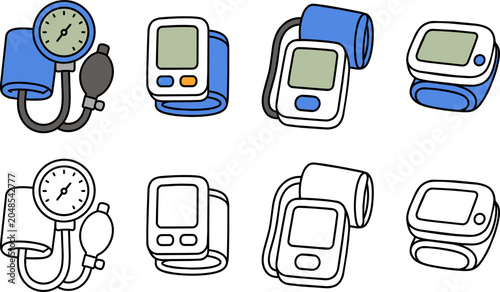 A set of colorful and black-and-white digital and analog blood pressure monitor illustrations in various styles.