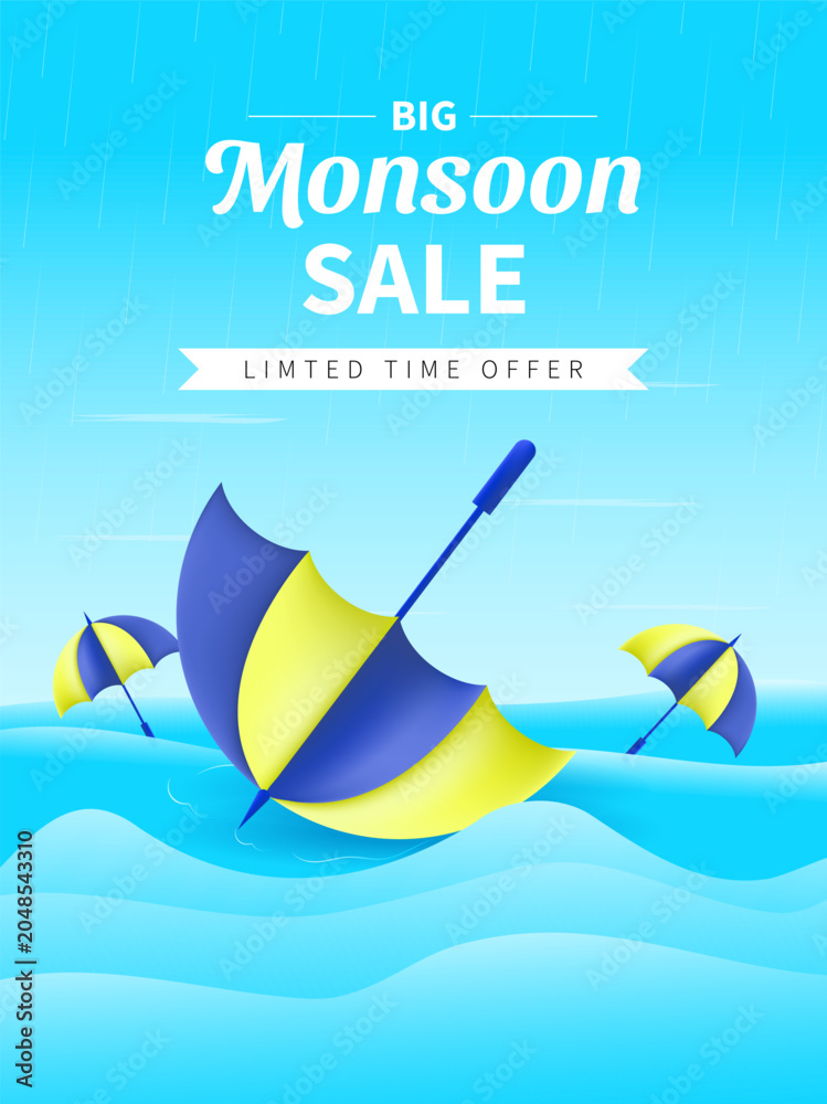 Obraz premium Monsoon Season sale banner, poster, web header or social media creative for promotional or advertising, Vector Illustration or umbrella, rainbow, clouds and water drops.