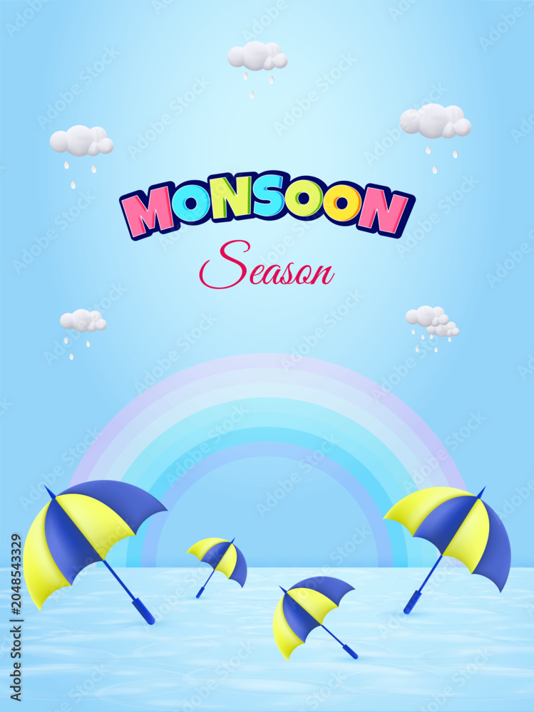 Obraz premium Monsoon Season sale banner, poster, web header or social media creative for promotional or advertising, Vector Illustration or umbrella, rainbow, clouds and water drops.