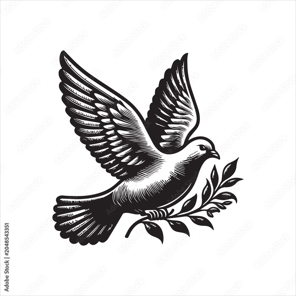 Obraz premium Detailed black and white illustration of a flying dove holding a symbolic olive branch. Peace and hope design concept