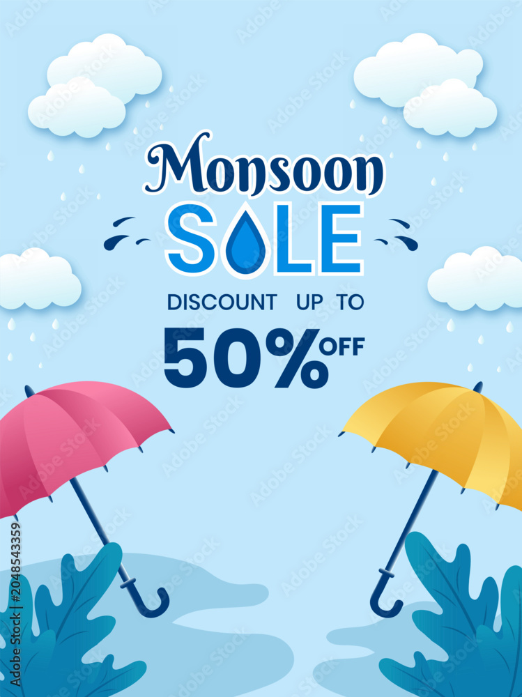 Obraz premium Monsoon Season sale banner, poster, web header or social media creative for promotional or advertising, Vector Illustration or umbrella, rainbow, clouds and water drops.