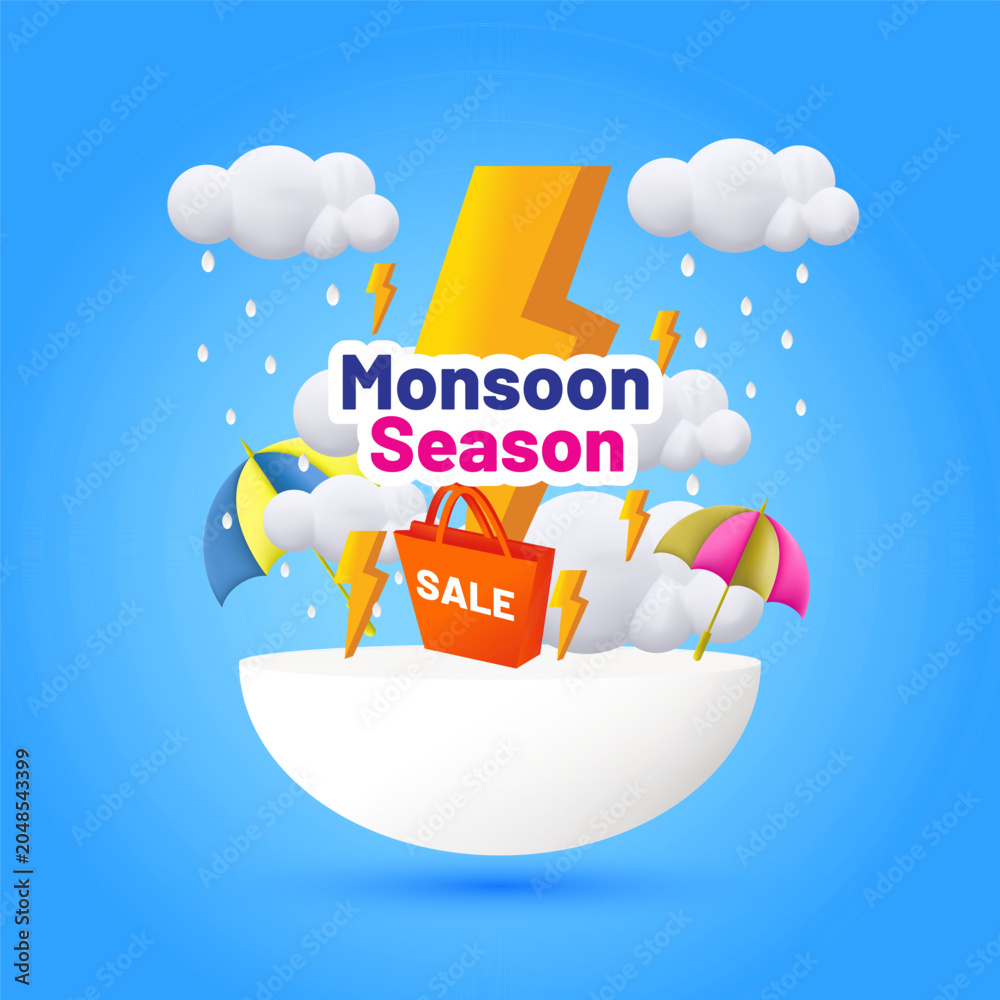 Obraz premium Monsoon Season sale banner, poster, web header or social media creative for promotional or advertising, Vector Illustration or umbrella, rainbow, clouds and water drops.