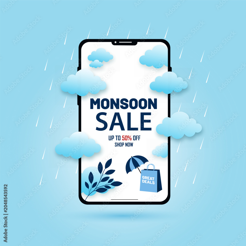 Obraz premium Monsoon Season sale banner, poster, web header or social media creative for promotional or advertising, Vector Illustration or umbrella, rainbow, clouds and water drops.