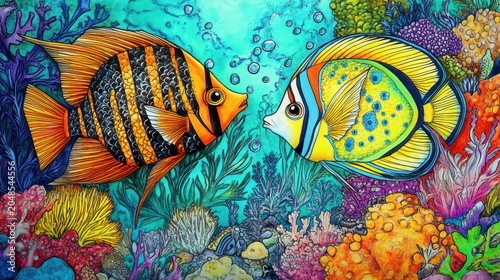 Vibrant coral reef scene featuring two colorful, cartoon-style fish facing each other
