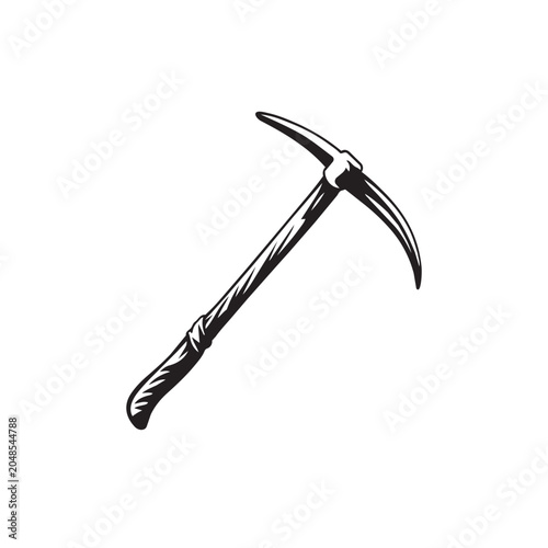 Black and white hand drawn illustration of a classic mining pickaxe tool isolated on a white background