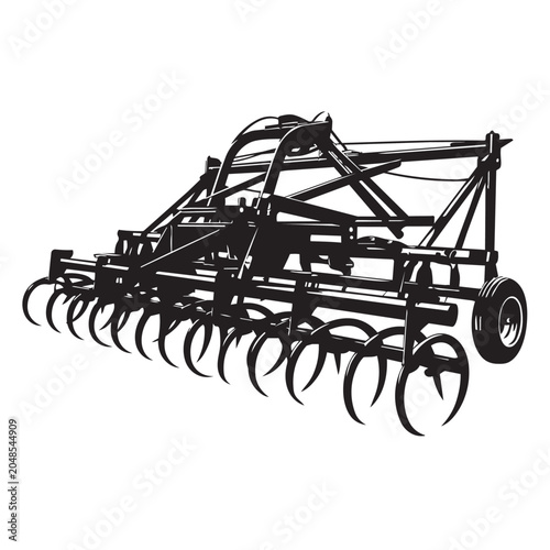 Black and white illustration of a heavy agricultural field cultivator farm implement for soil preparation and tillage