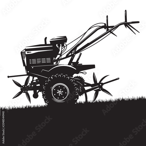 Black and white silhouette of a two wheel tractor walking tractor or power tiller on a field