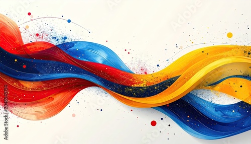 Abstract flowing red, blue, yellow ribbons and paint splatters