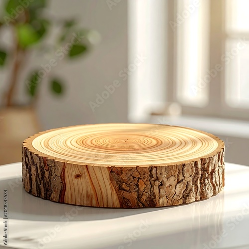 A light-colored wooden log slice on a white surface