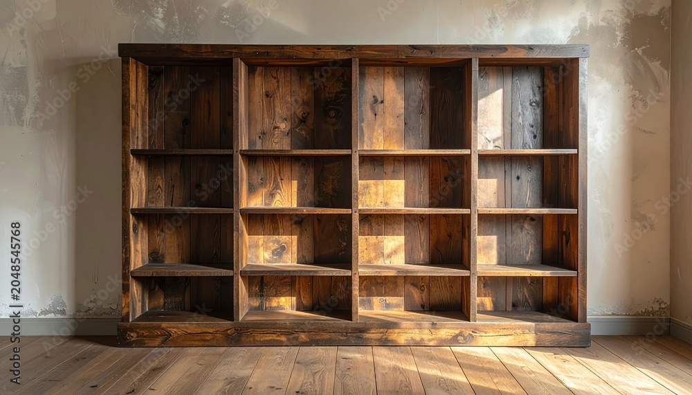 Obraz premium Rustic wood multi-shelf unit, empty, sunlit room, distressed wall