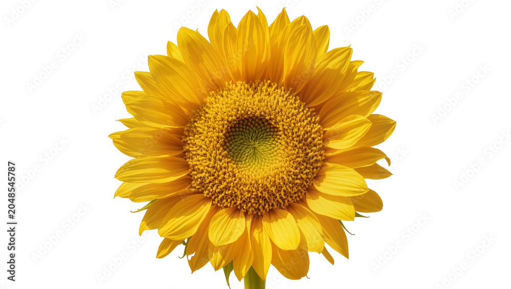 Fototapeta premium Isolated single vibrant yellow common sunflower bloom with detailed petals and seeds