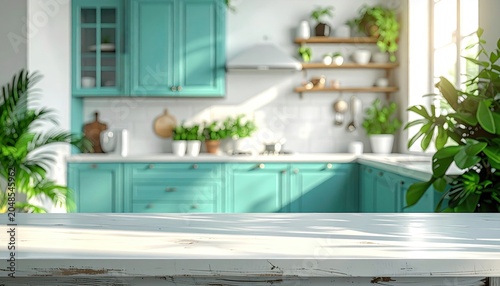 Bright teal kitchen with plants, sunlight, and a blurry white table