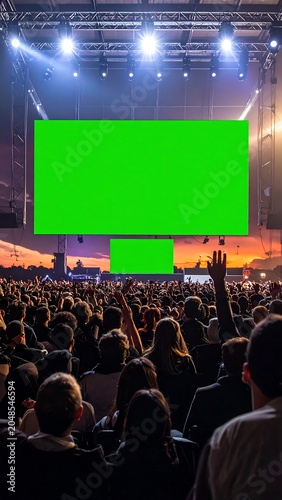 A lively concert crowd with a green screen