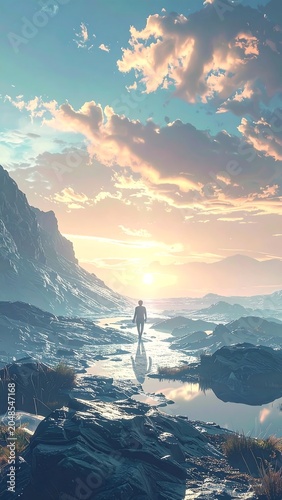A lone figure stands on a rocky shoreline at sunset