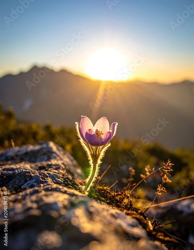 A lone flower blooms on a rocky outcrop at sunset