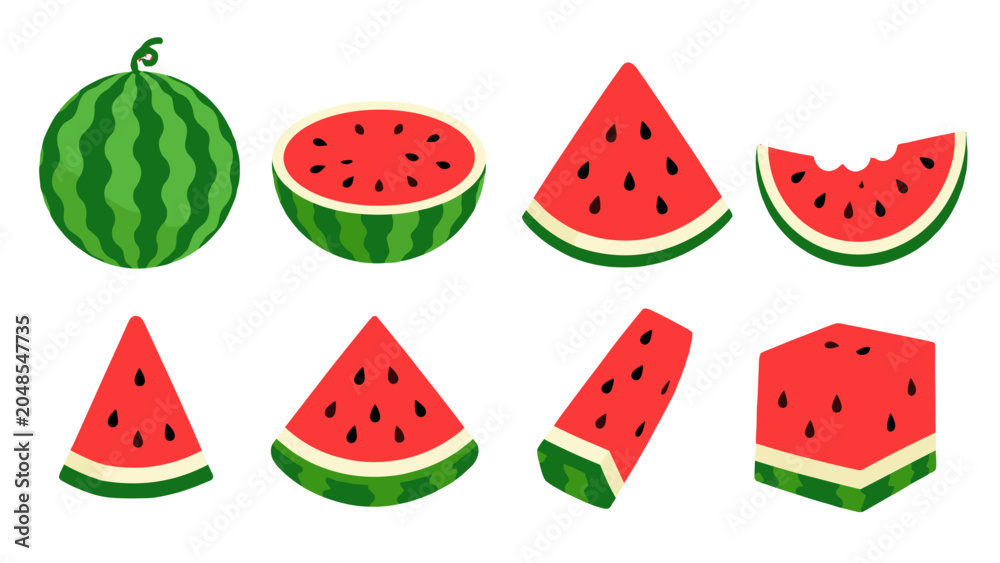 Obraz premium Set of watermelon fruit slices and whole melon vector icons
